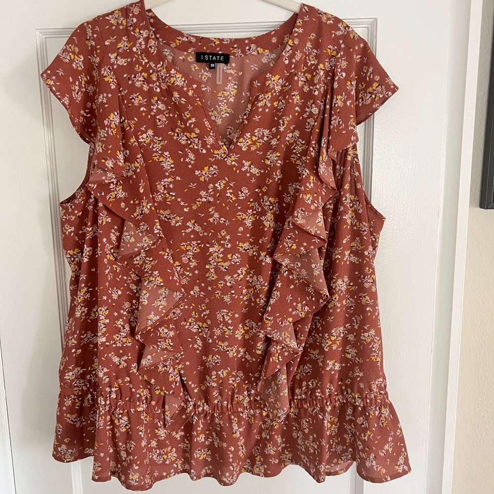 1. State Women's Floral Ruffle Top - Pink/Brown size 3X
